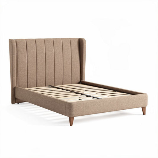 Cama estofada de tecido cinza claro com cabeceira alta 200 x 160 x 100cm