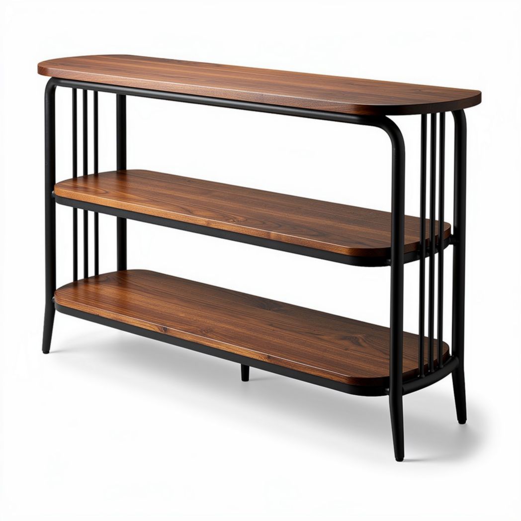 mesa de console em madeira escura com estrutura metálica 120 x 30 x 80cm