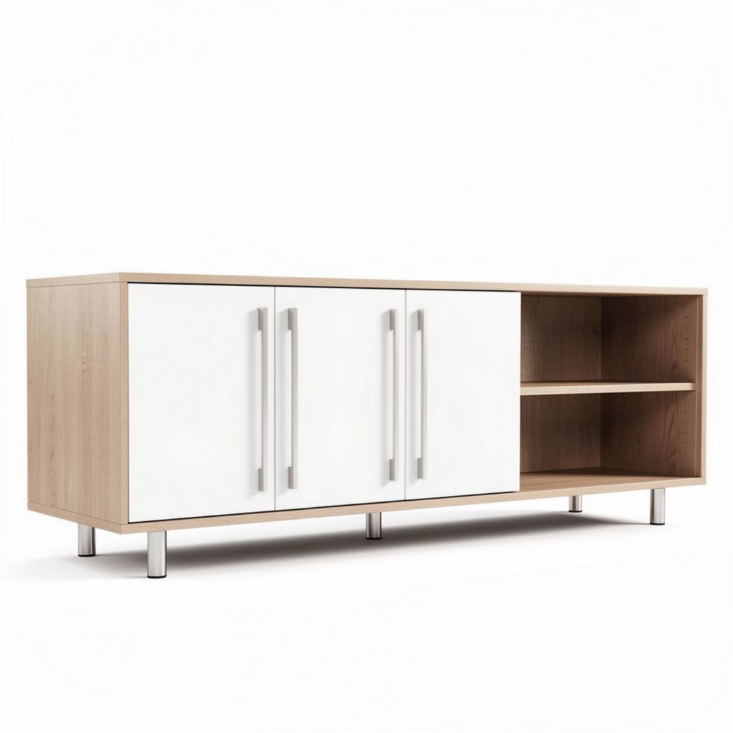 Móvel de sala de estar em madeira de bambu e MDF branco 120 x 40 x 50cm