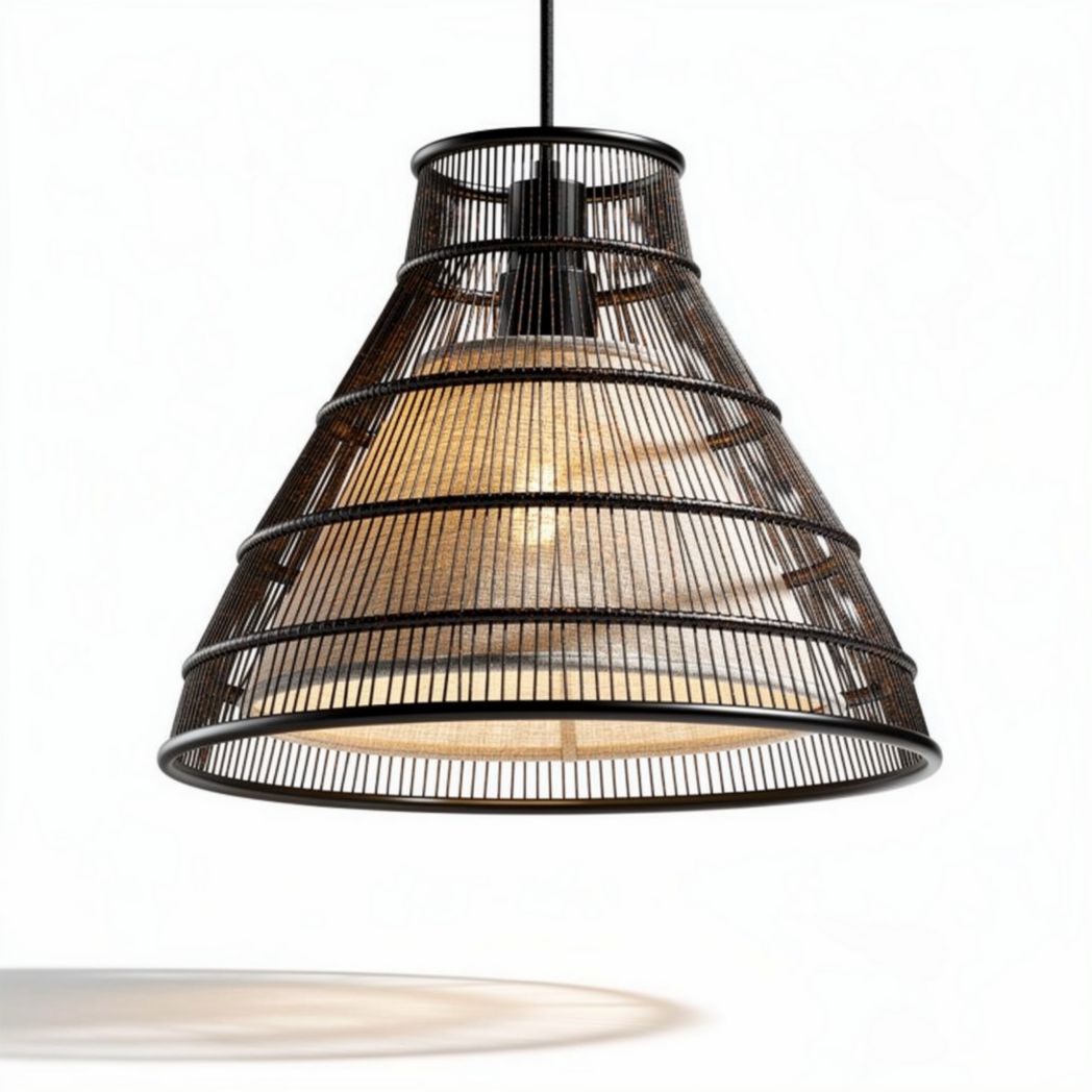 Luminária pendente em rattan trançado com acabamento em metal preto 30 x 30 x 25cm