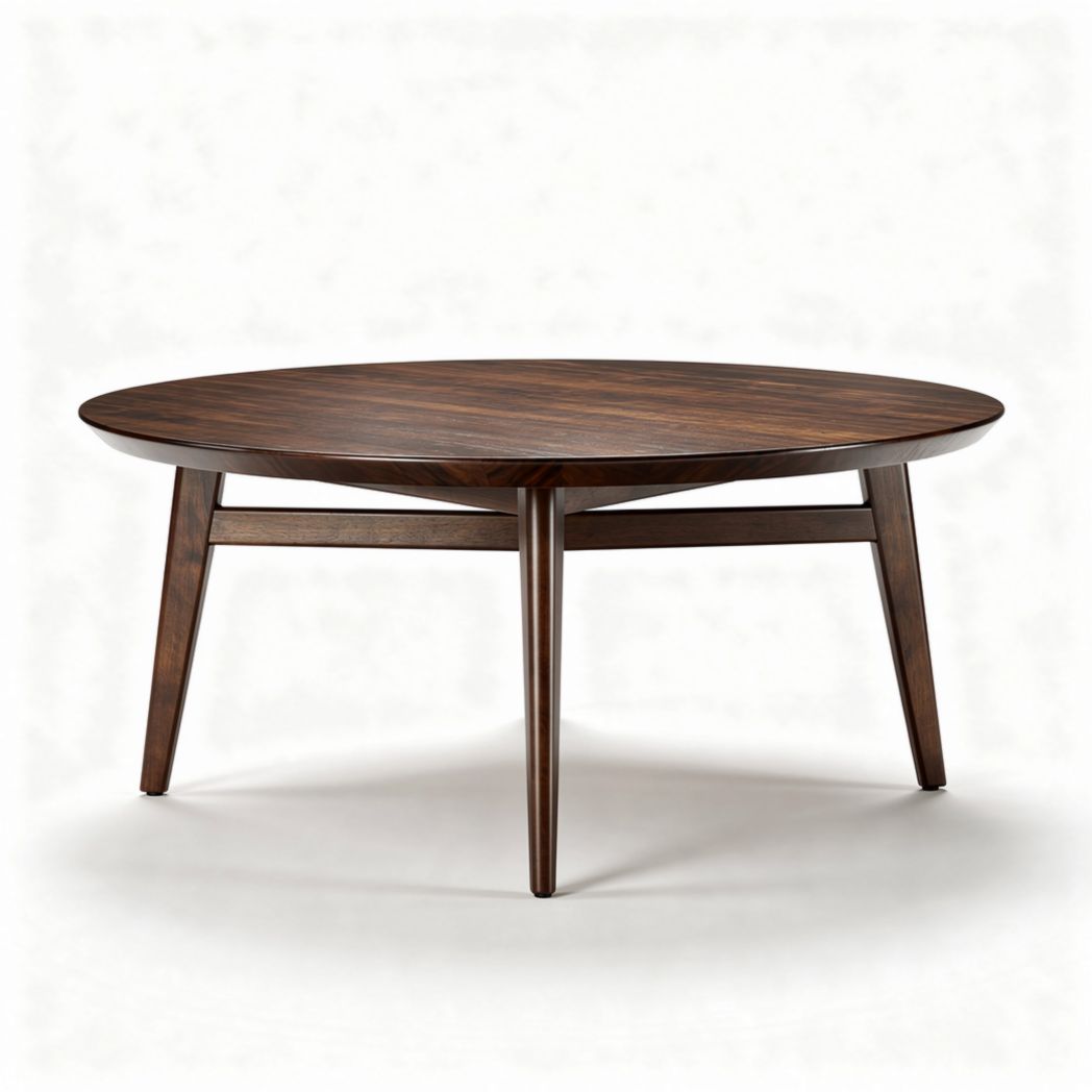 Mesa de café redonda em madeira escura com diâmetro de 100cm e altura de 45cm